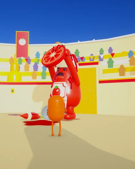 Two players fighting Sir Squeezealot, a red ketchup bottle knight, in the Sauce Colosseum