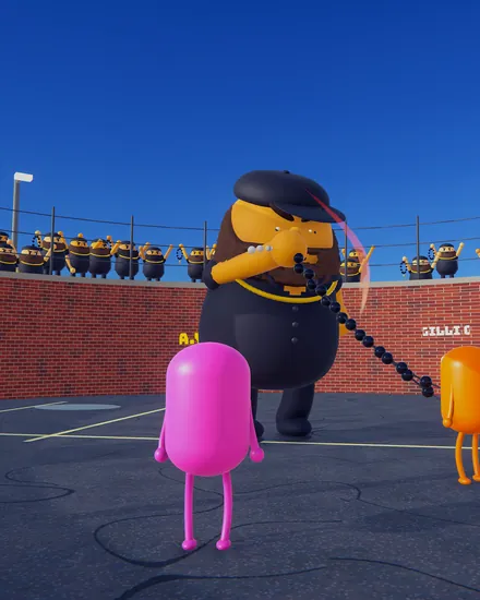 QAQA, a bearded boss in a black cap, swinging his bead lasso at two players in his backyard