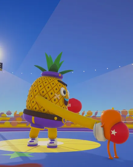Rocky Rind, a pineapple boxer, throwing a punch at a player in the Fruit Punch Ring