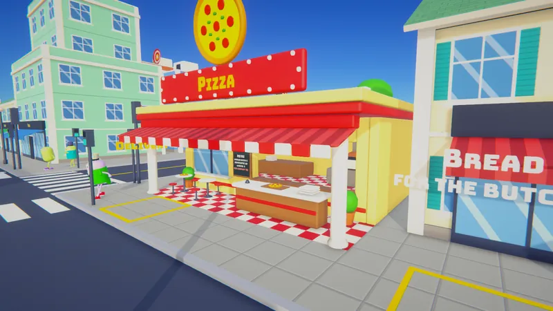 The Pizza Place with a giant pizza sign, next to the bakery, on a sunny street