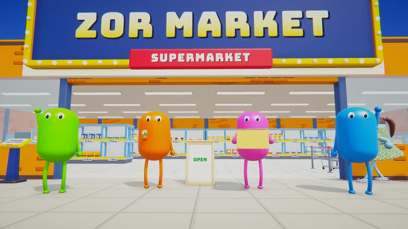 Four player beans, green, orange, pink and blue, inside the store under the Zor Market sign