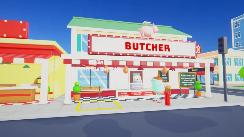The butcher shop with its lit sign and a pig on the roof