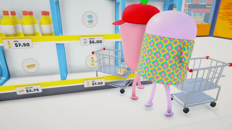 Two shoppers pushing shopping carts along the milk shelf
