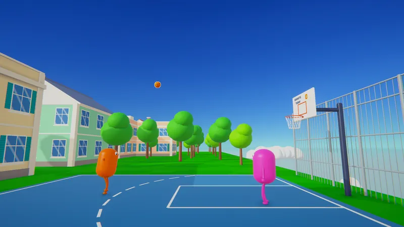 Two players shooting hoops on the back lot basketball court