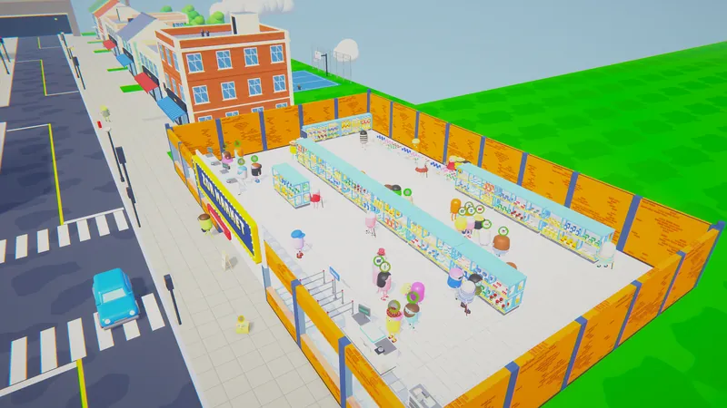 The store from above: aisles, shoppers and the checkout next to the street