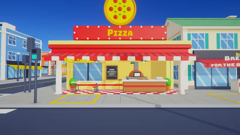 The Pizza Place with its checkered patio and a giant pizza on the roof