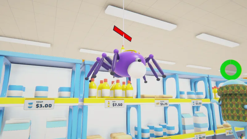 A purple robot spider hanging over the shelves on its web
