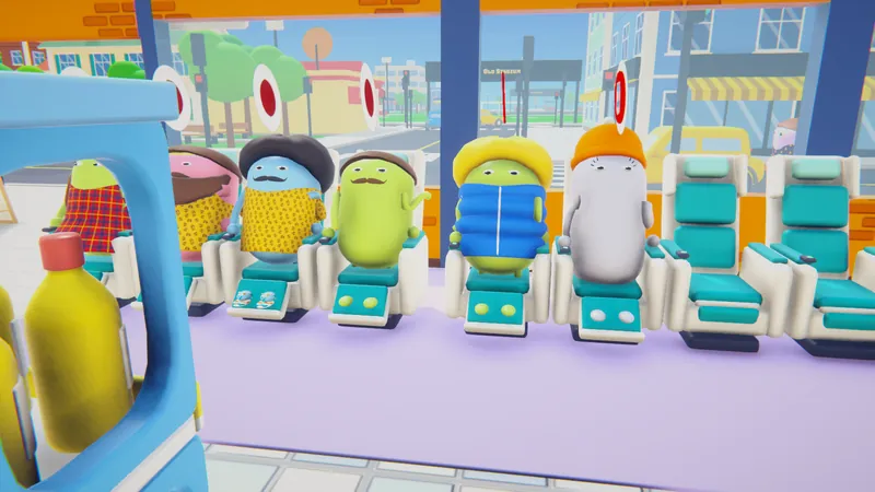Shoppers relaxing in a row of massage chairs inside the store