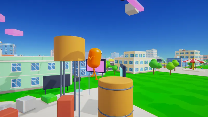 A player bean on a parkour course of floating blocks above the rooftops
