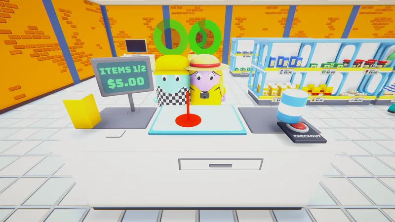 Two shoppers at the register, its display showing 1 of 2 items scanned for $5.00