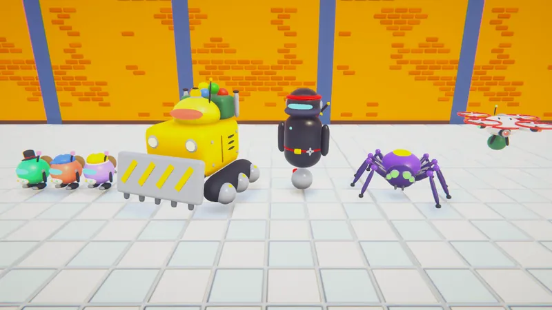 The robot thieves: a tiny swarm, a yellow bulldozer, a black ninja, a purple spider and a drone