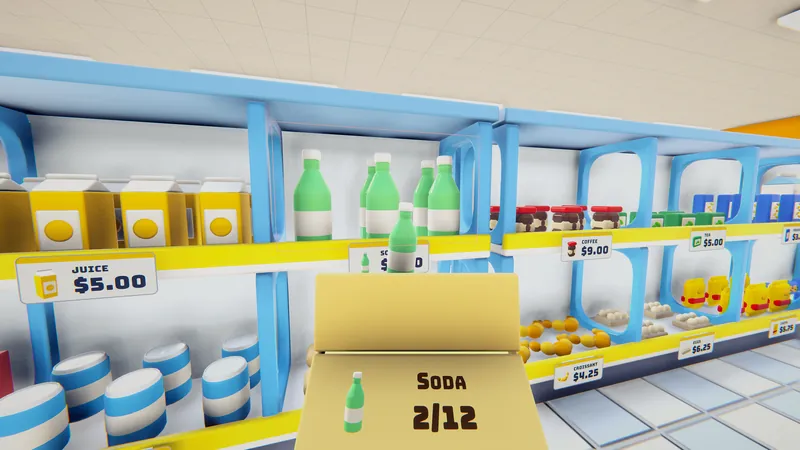 Unpacking a box of soda onto shelves of juice, soda, coffee and croissants