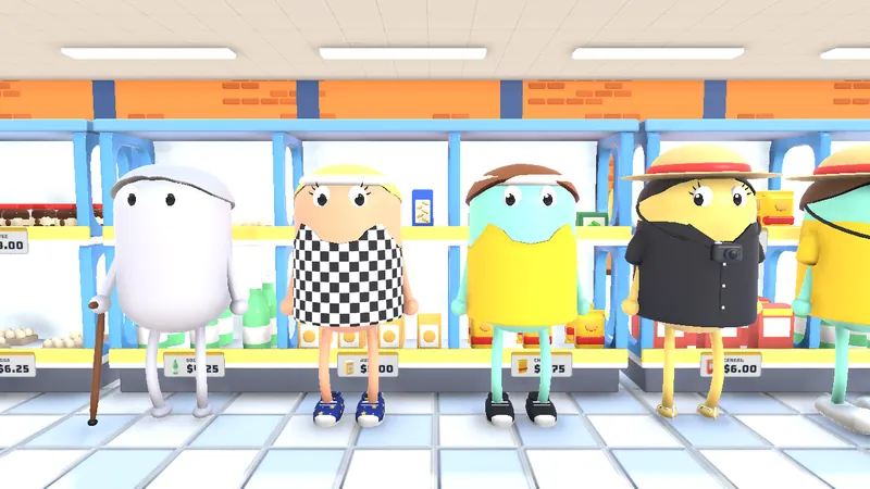 Five bean shoppers in a row: a granny with a cane, a checkered one, a jogger and two tourists in sun hats