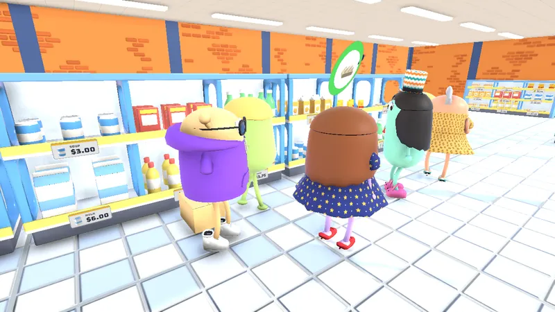 Lox in sunglasses and a purple hoodie leading a group of shoppers down an aisle